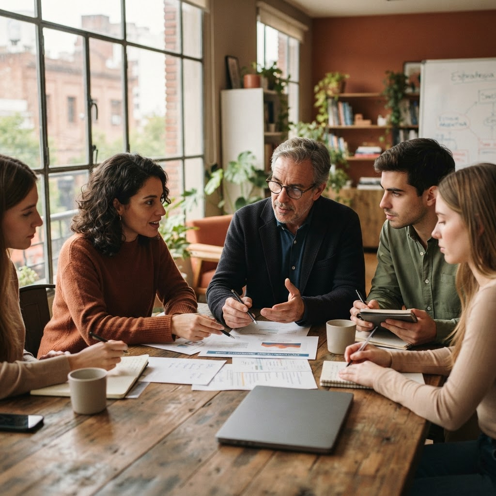 Equipo de una PyME reunido con un consultor senior alrededor de una mesa